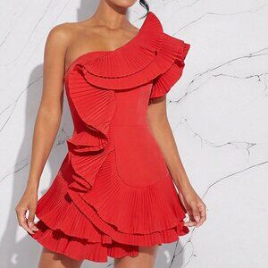 Red Casual Women's Exaggerated Ruffle One Shoulder Sleeveless Dress